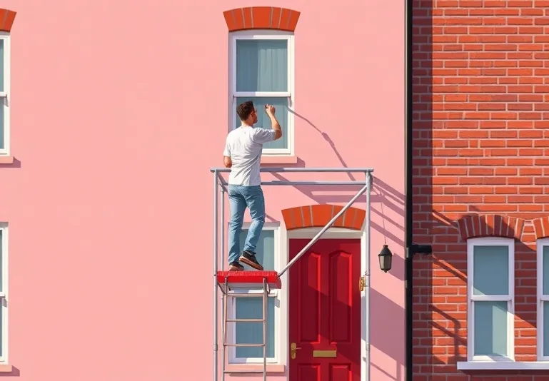 Peintre sur échafaudage traitant la façade d'une maison